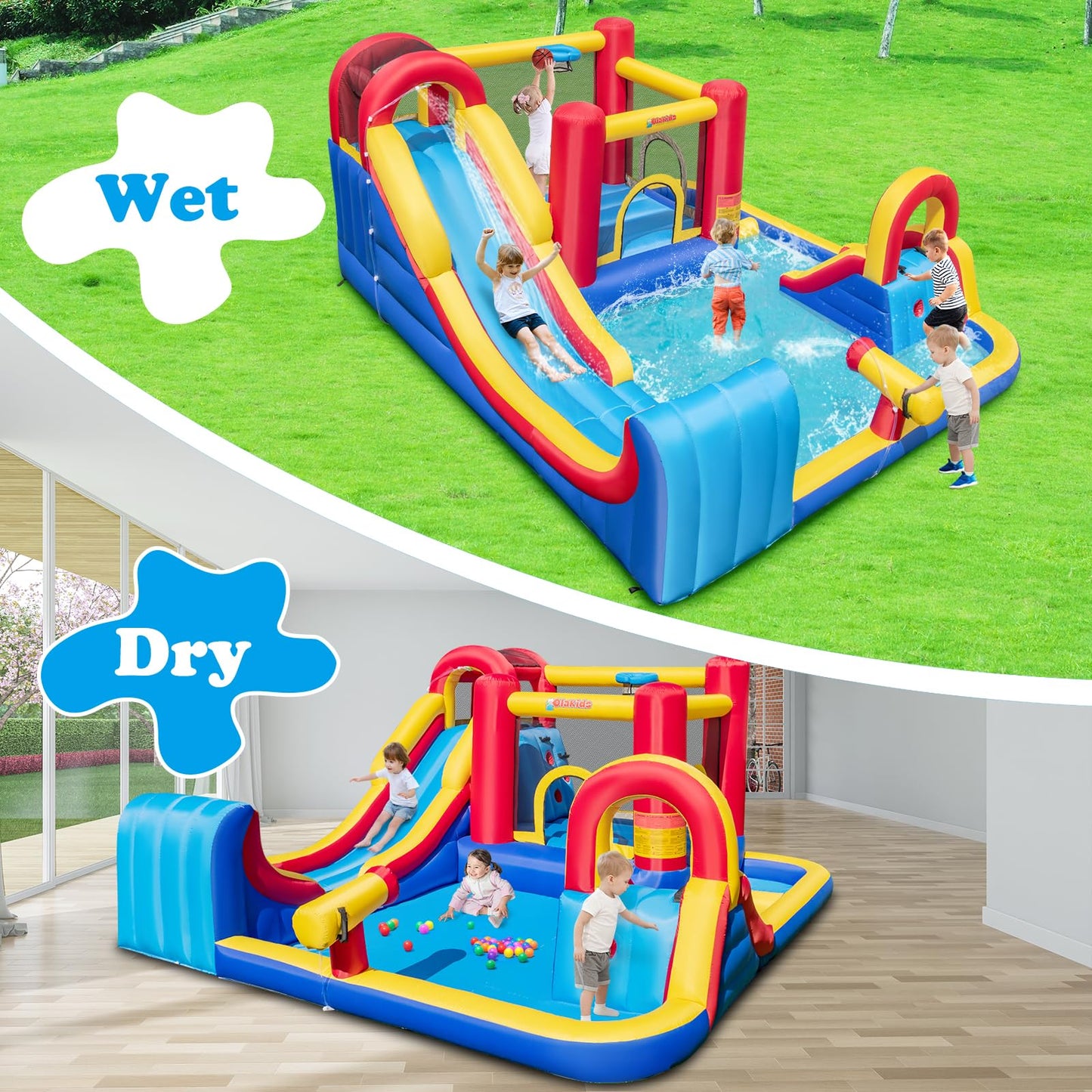 OLAKIDS Inflatable Water Slide, 8 in 1 Bounce House Water Park with 2 Slides Splash Pools, Climbing Wall, Water Gun, Basketball Rim, Outdoor Inflatable Obstacle Course for Kids(without air blower