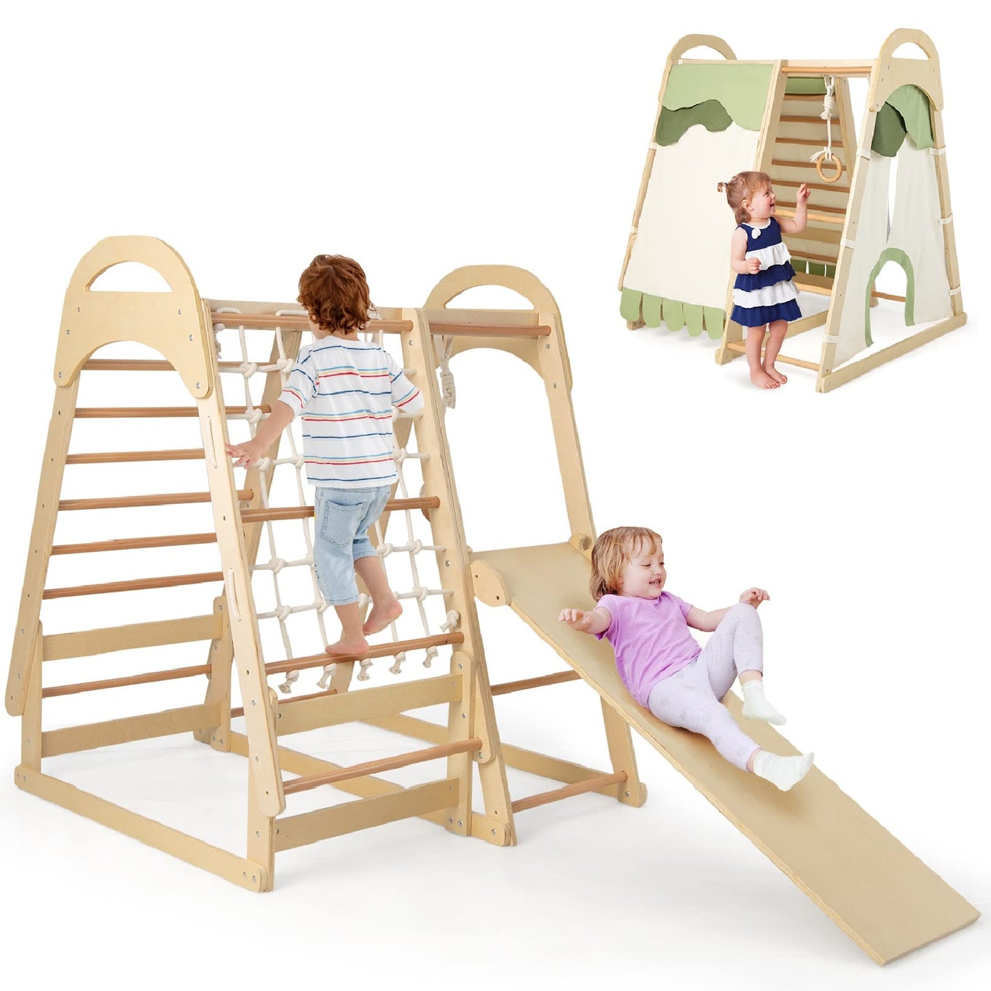 OLAKIDS 7 in 1 Kids Indoor Playground, Wooden Montessori Climber Playset with Tent Slide Climbing Rock Climbing Net