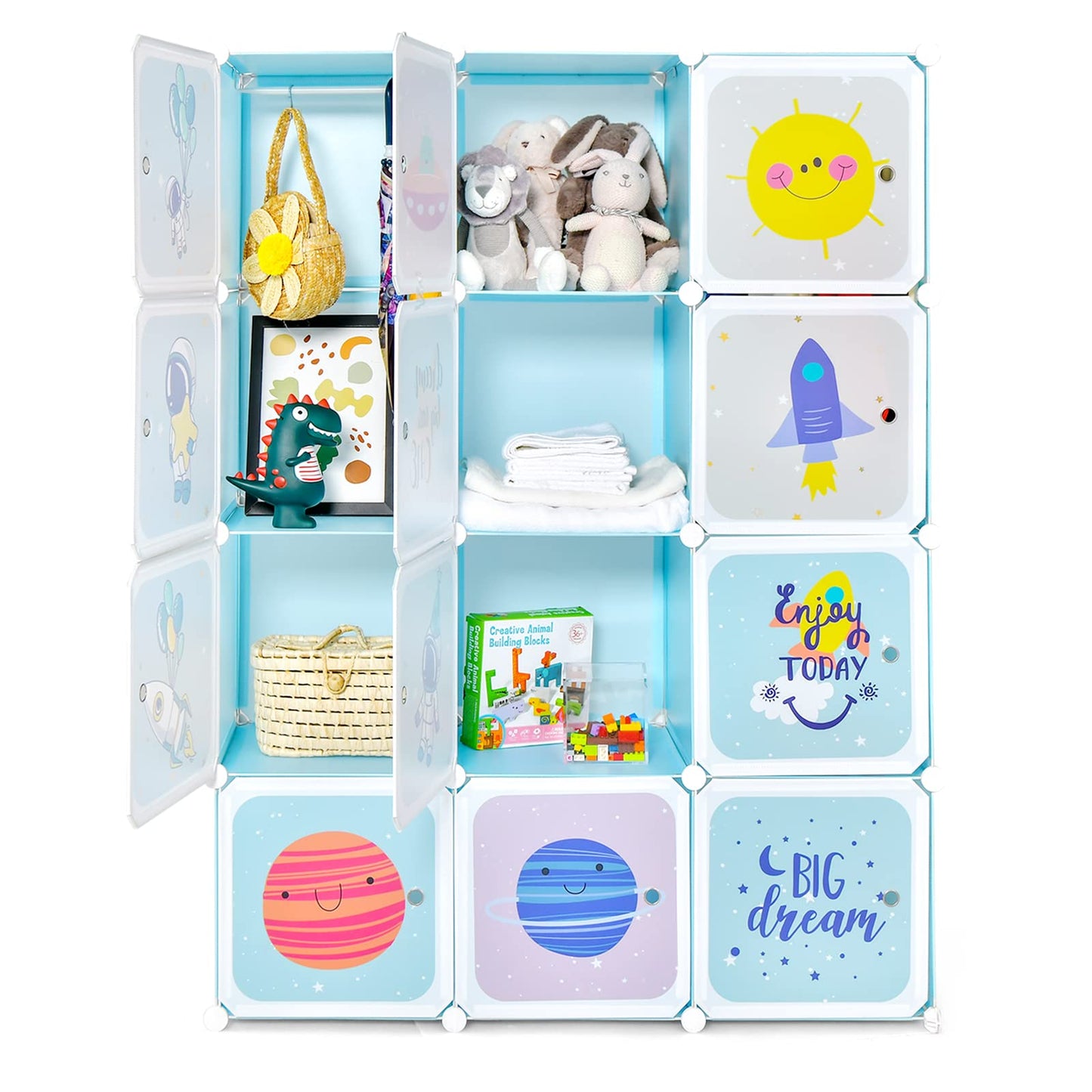 INFANS Children Wardrobe, Kid Closet Portable Baby Dresser Cute for Kids Bedroom Nursery Armoire with Doors 12 Cube 2 Hanging Sections, Kid Clothes Storage Organizer