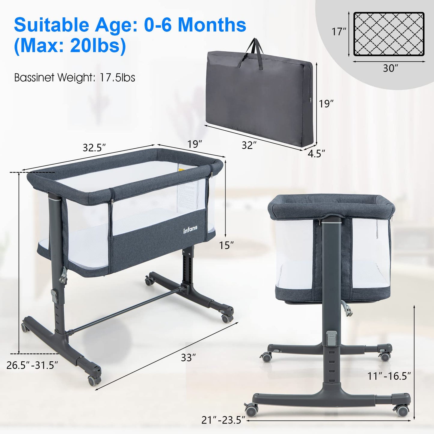 INFANS 3 in 1 Baby Bassinets, Bedside Sleeper for Newborn, Folding Crib with Mattress, Travel Bag, Wheels, 4-Sided Mesh, Easy to Assemble Cradle Co Sleeper Stationary, Rock