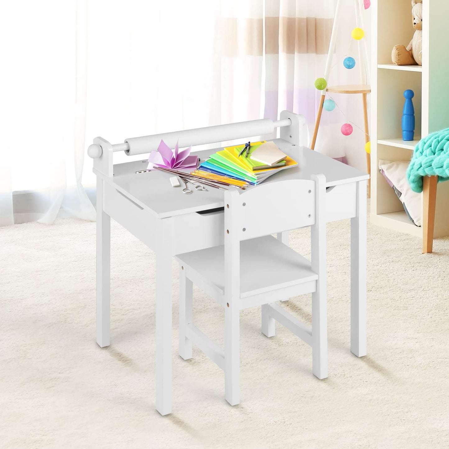 OLAKIDS Kids Table and Chair Set with Paper Roll, Wooden Lift-top Desk for Toddler Craft Art Drawing Reading Writing