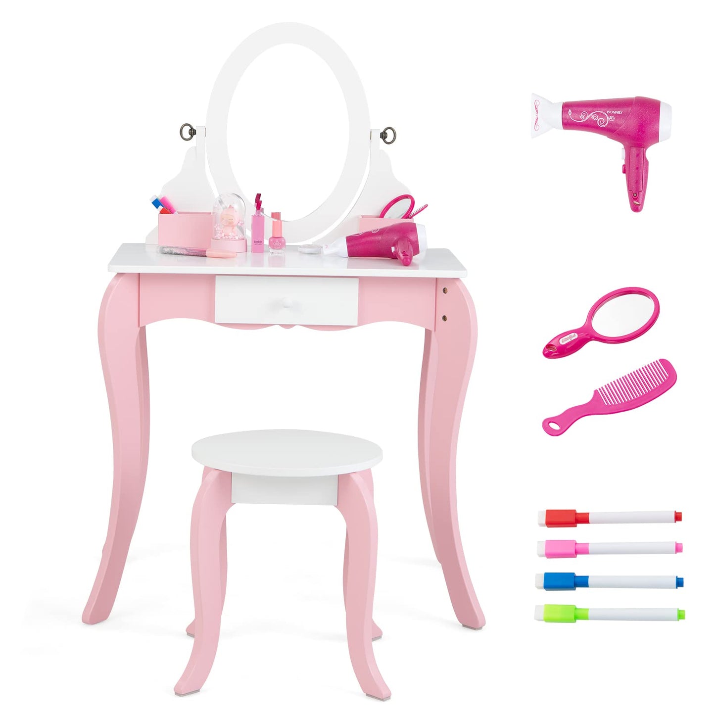 OLAKIDS Kids Vanity with 360° Rotating Mirror and Drawing Board, 2 in 1 Princess Makeup Dressing Table and Stool with Accessories