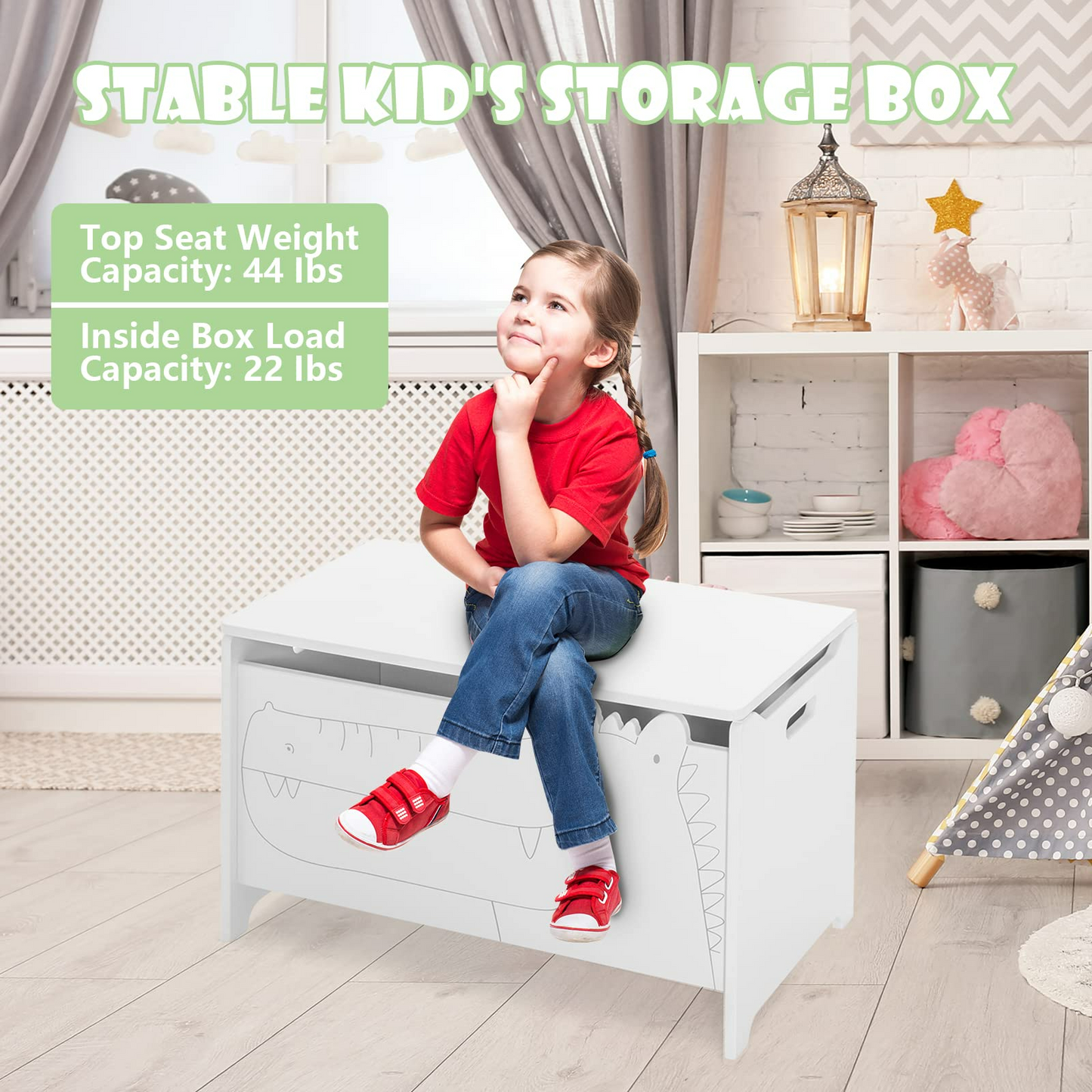 OLAKIDS Wooden Toy Chest , Wide Kids Toy Box Storage Space with Safety Hinge and Handles OLAKIDS