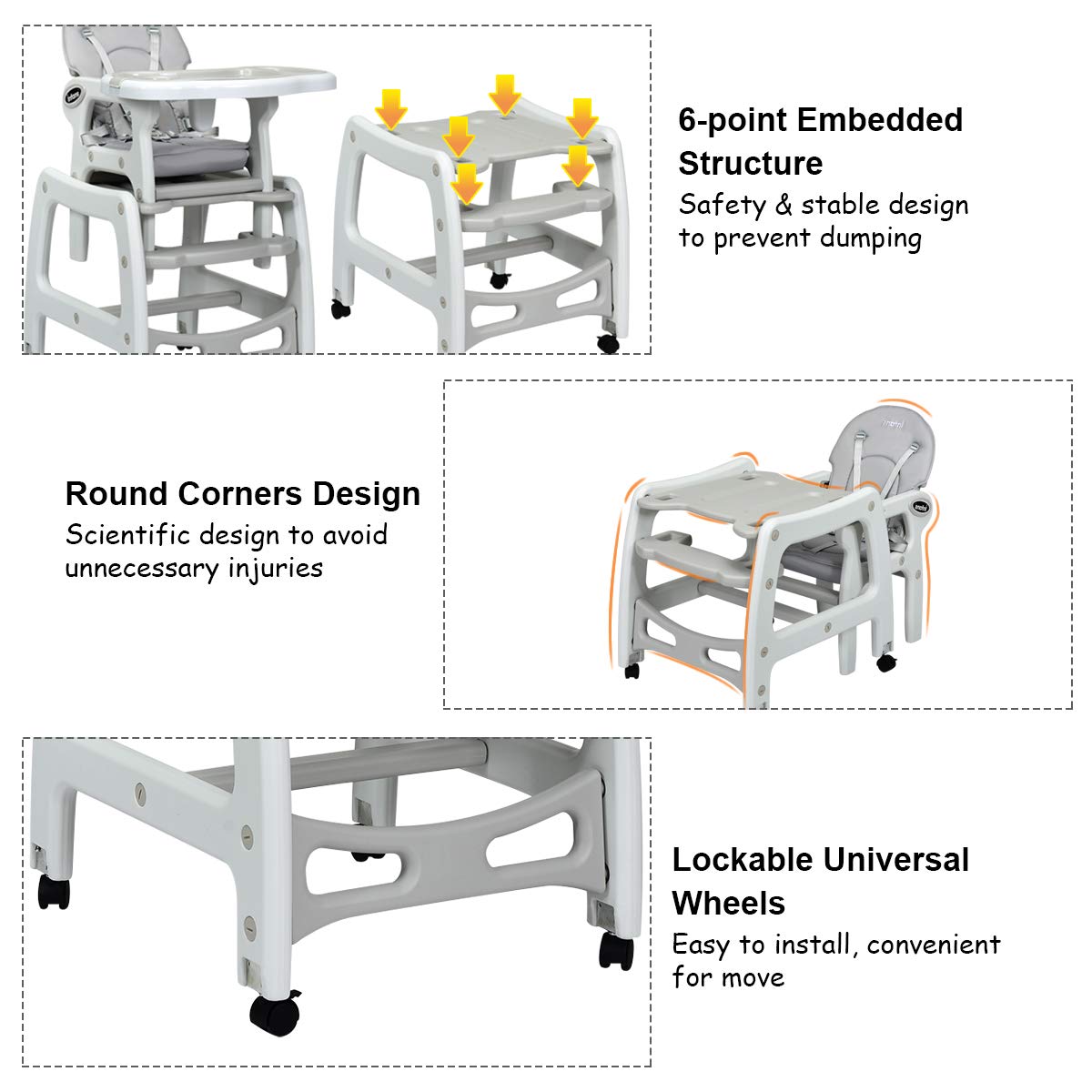 3-in-1 Convertible Baby High Chair with Removable Trays OLAKIDS