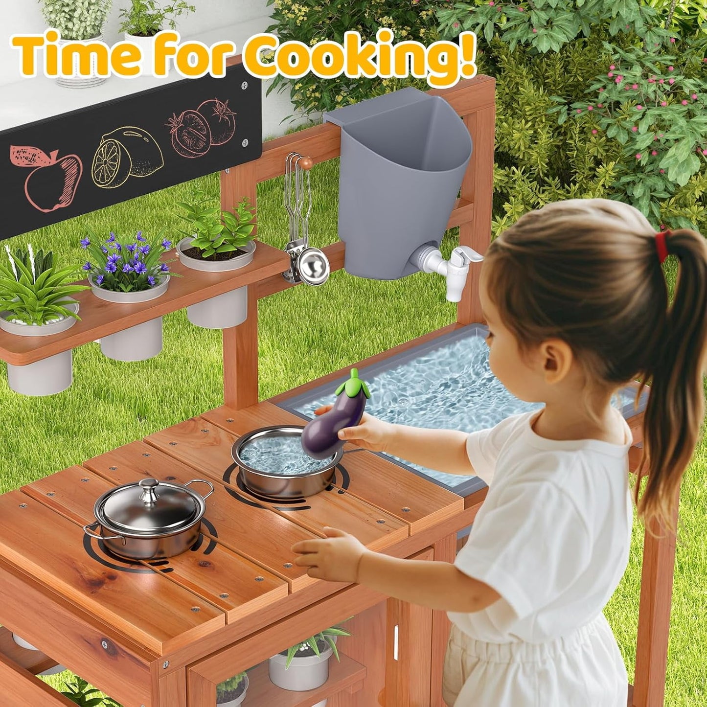 OLAKIDS Mud Kitchen for Kids Outdoor, Wooden Toddler Play Kitchen with Sink Faucet 12 Pots Chalkboard Stoves Storage Shelves, Children Potting Bench Table Pretend Toy Playset for Backyard Garden