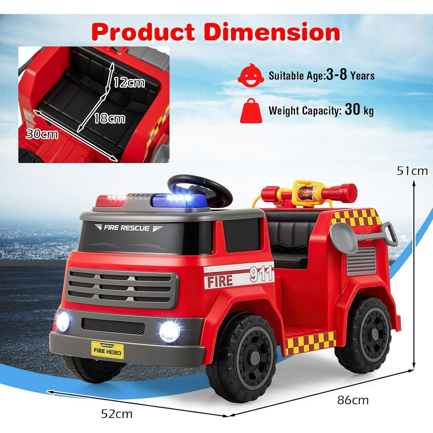 OLAKIDS 12V Ride on Fire Truck with Water Gun, Tank, Megaphone, Siren, Alarm Lamps, Shovel, Music, Remote Control, Aged 3+ Years