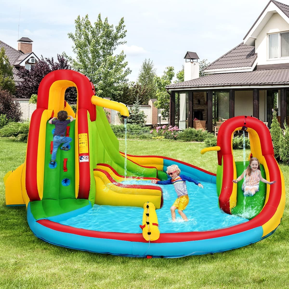 OLAKIDS Inflatable Water Slide, 7 in 1 Bounce House with 2 Slides, Climbing Wall, Splash Pool, Basketball Rim, 2 Water Guns, Jumping Castle with Carrying Bag, Repairing Kit, Hose