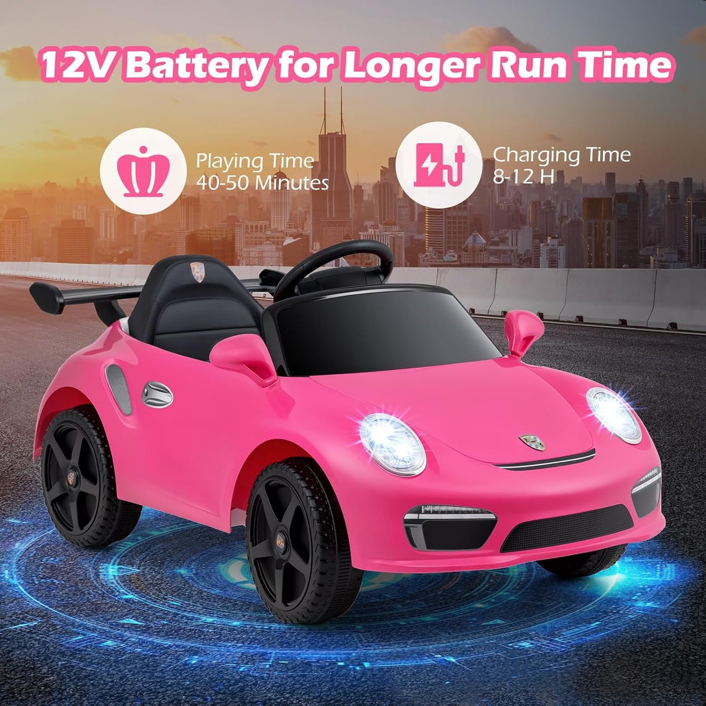 Licensed Porsche 12V Pink Ride on Car by OLAKIDS, Electric Vehicle Battery Powered with Remote Control, Headlight, Bluetooth, Power Display, 4 Wheeler Toys for Kids Girls Boys