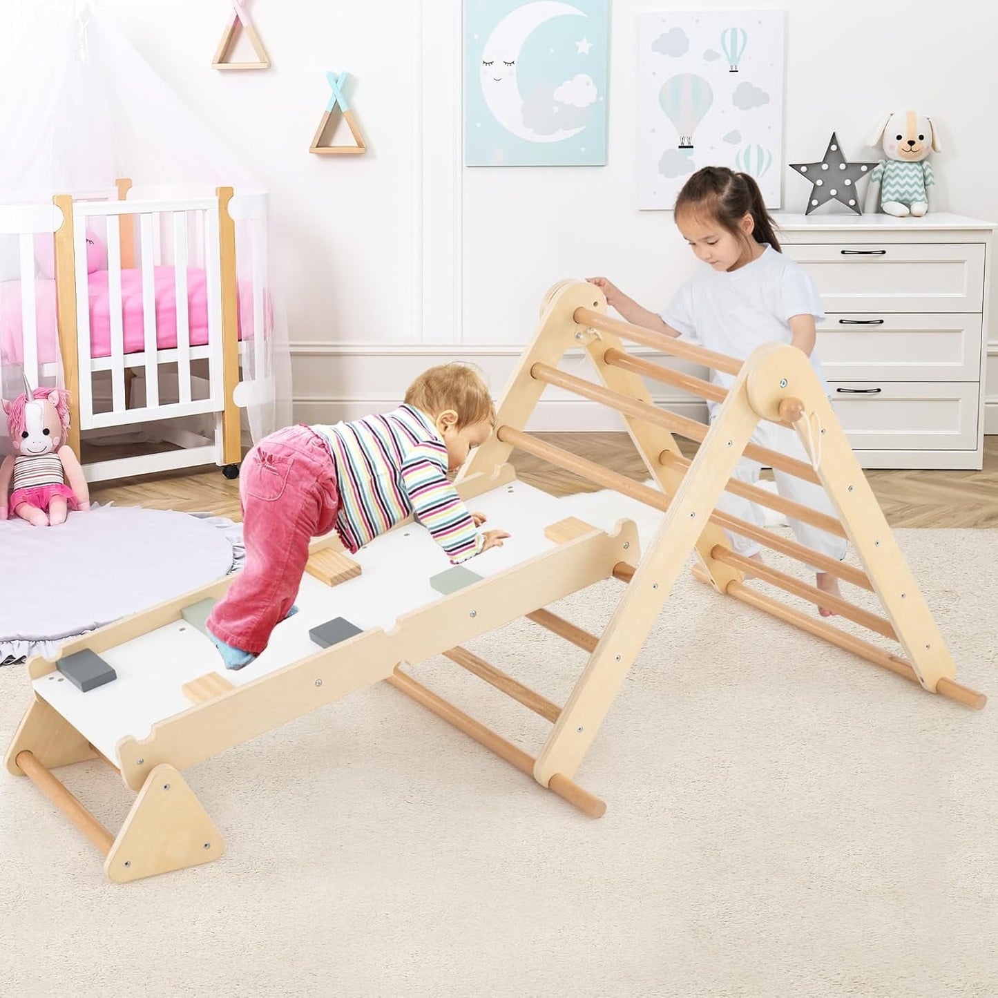 OLAKIDS Pikler Triangle Set 7 in 1 Climbing Toys for Toddlers Foldable Baby Wood Montessori Jungle Gym with Angle Adjustable Ladder Seesaw Ramp Indoor Playground