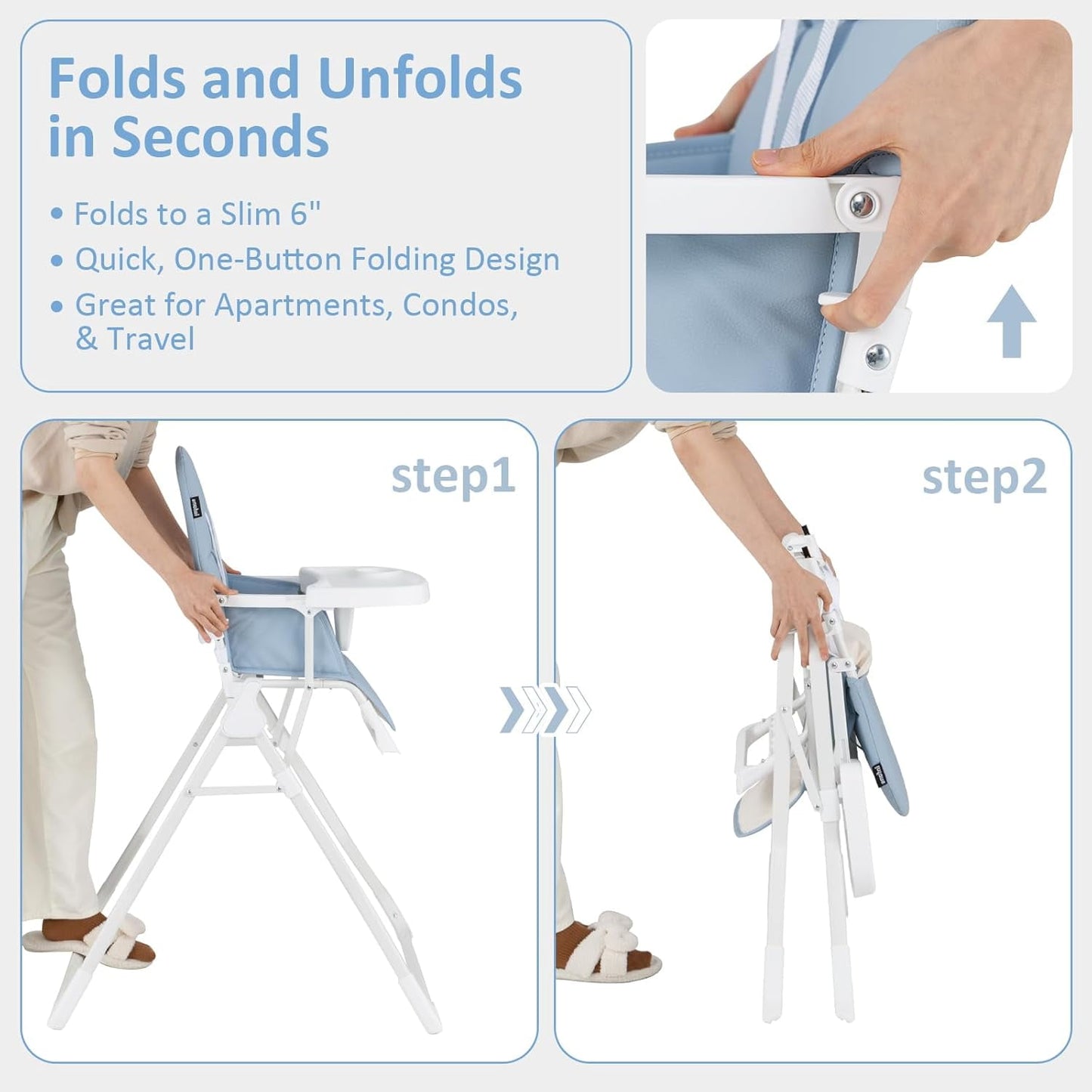 OLAKIDS Baby High Chair, Quick Folding Portable Highchair for Babies and Toddlers with Adjustable Footrest Removable Dishwasher Tray PU Seat, Compact Highchairs for Baby Age 6-36 Months