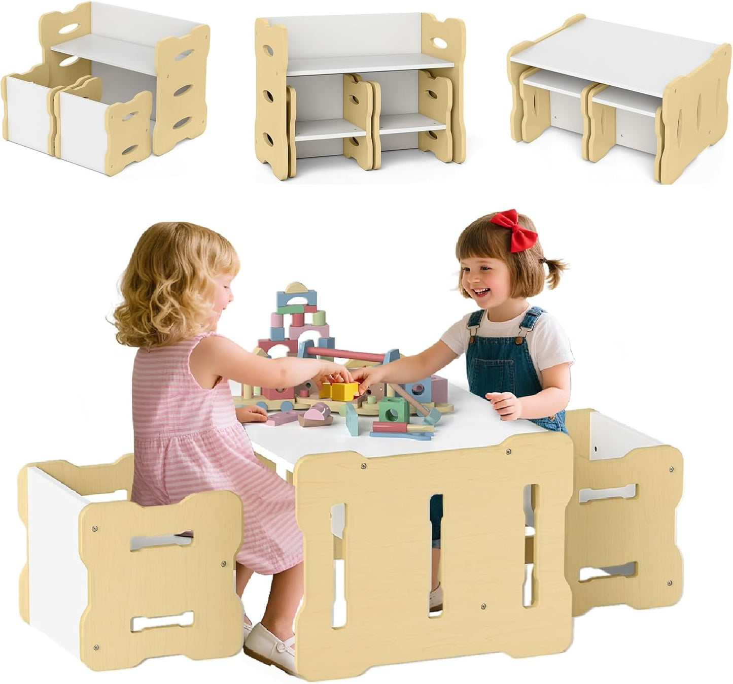OLAKIDS Kids Table and Chair Set, Toddler 3-Piece Activity Table with 2 Chairs for Building Block Drawing Reading Eating Art Crafts, Children Montessori Furniture for Playroom Kindergarten