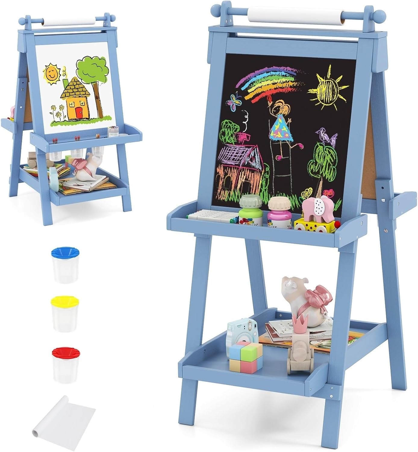 OLAKIDS Easel for Kids, 3 in 1 Adjustable Painting Art Board, Foldable Double-Sided Wooden Drawing Chalkboard Magnetic Whiteboard with Paper Roll, Storage Rack, Cups for Boy Girls
