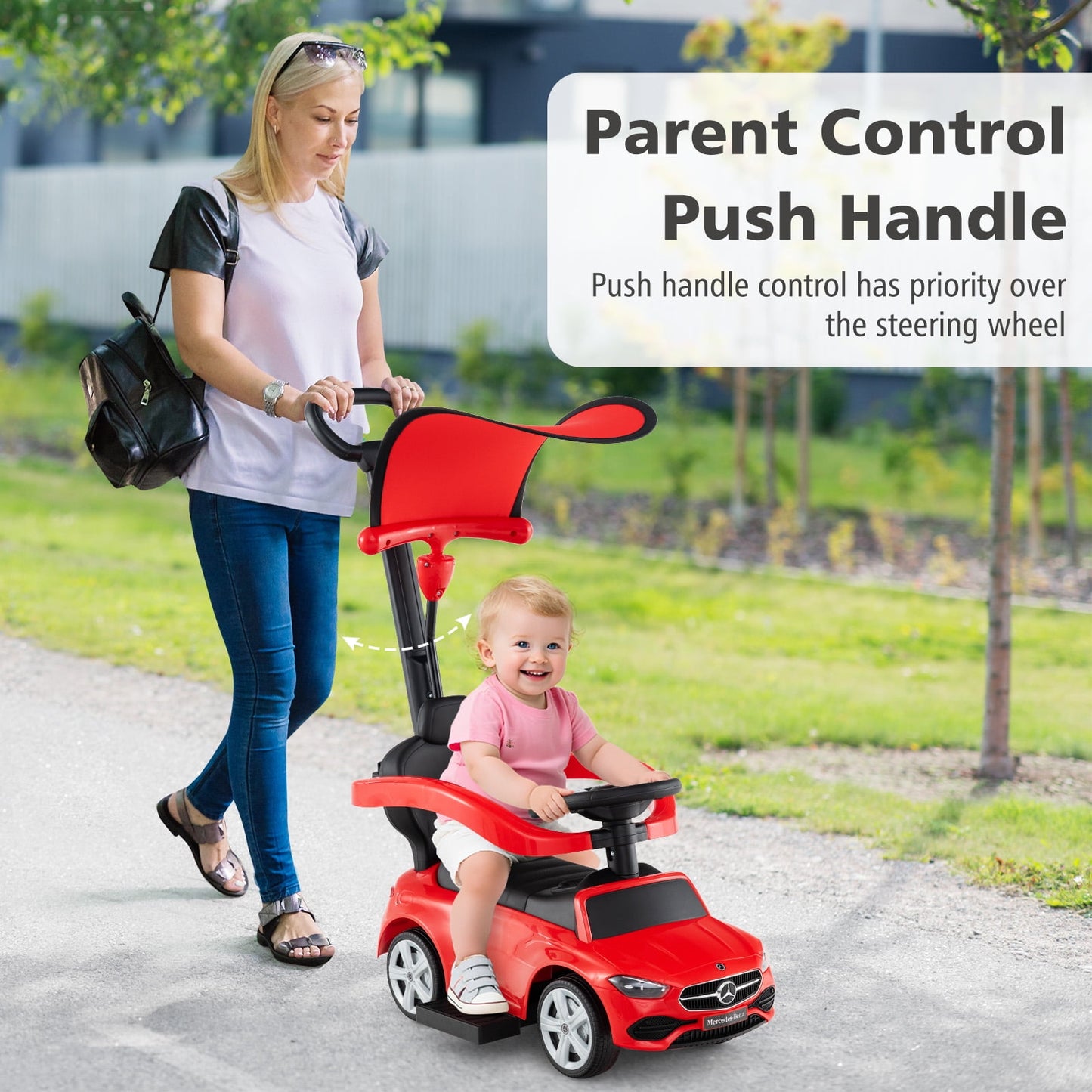 Licensed Mercedes Benz Push Car for Toddlers by OLAKIDS, 3 in 1 Baby Stroller Sliding Walking Car with Canopy, Parent Control Handle, Horn, Storage, Foot-to-Floor Ride on Toys for Boys Girls