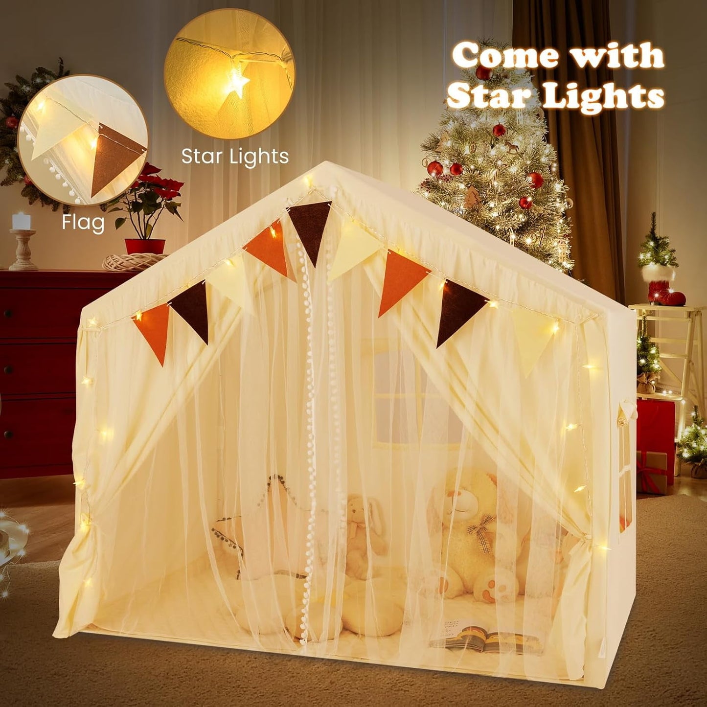 OLAKIDS Kids Play Tent, Large Size Playhouse with Washable Cotton Mat Star Light Windows Plaid Pennants, 57.5” x 38” x 52.5”, Indoor Outdoor Princess Tents Castle for Toddlers Age 3+ Years Old
