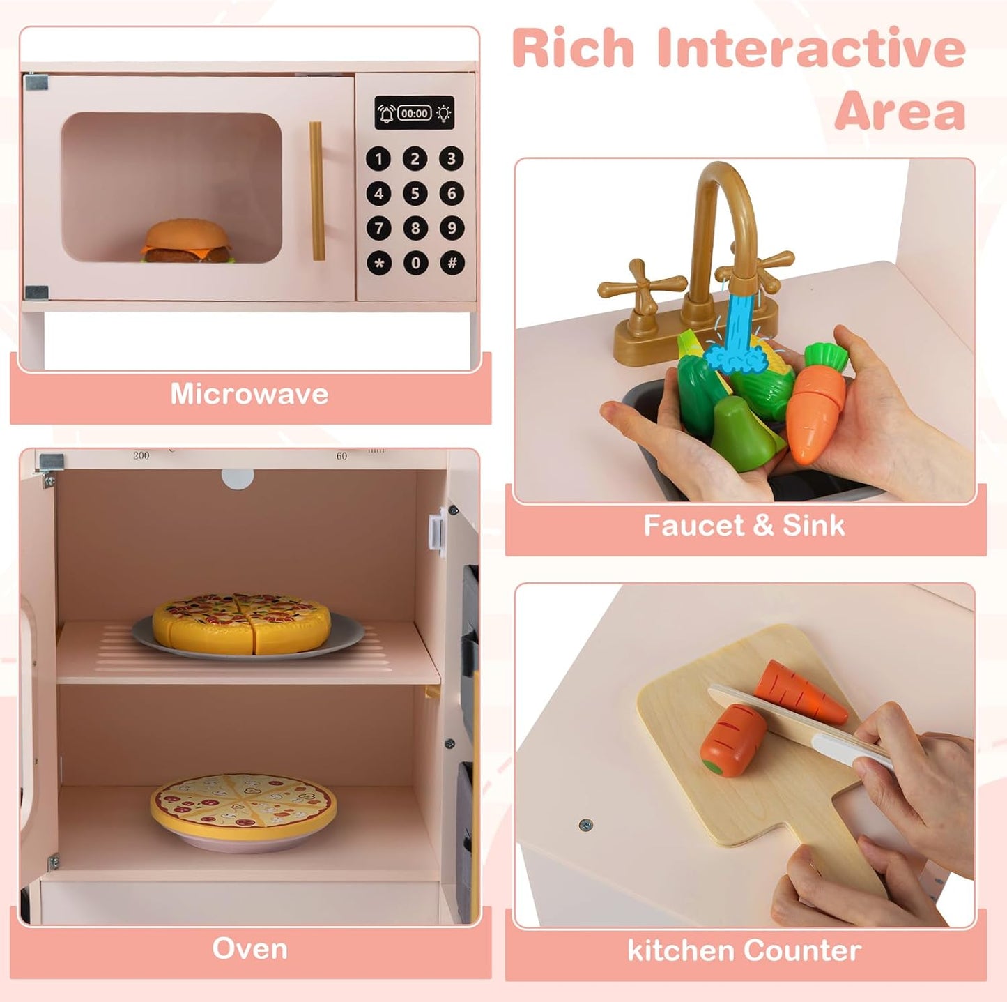 OLAKIDS Corner Kids Kitchen, Wooden Pretend Playset with Telescopic Cart Realistic Lights Sounds Ice Maker Fabric Drawers Microwave Oven, Toddler Cooking Toy Gift for Boys Girls Aged 3+