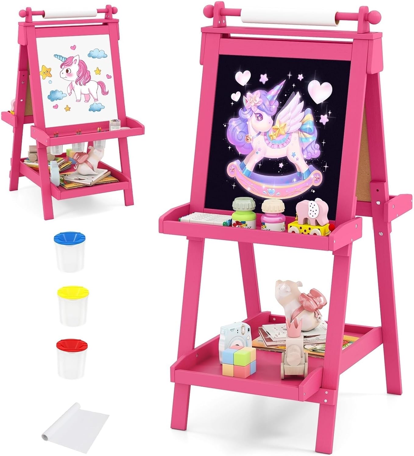 OLAKIDS Easel for Kids, 3 in 1 Adjustable Painting Art Board, Foldable Double-Sided Wooden Drawing Chalkboard Magnetic Whiteboard with Paper Roll, Storage Rack, Cups for Boy Girls
