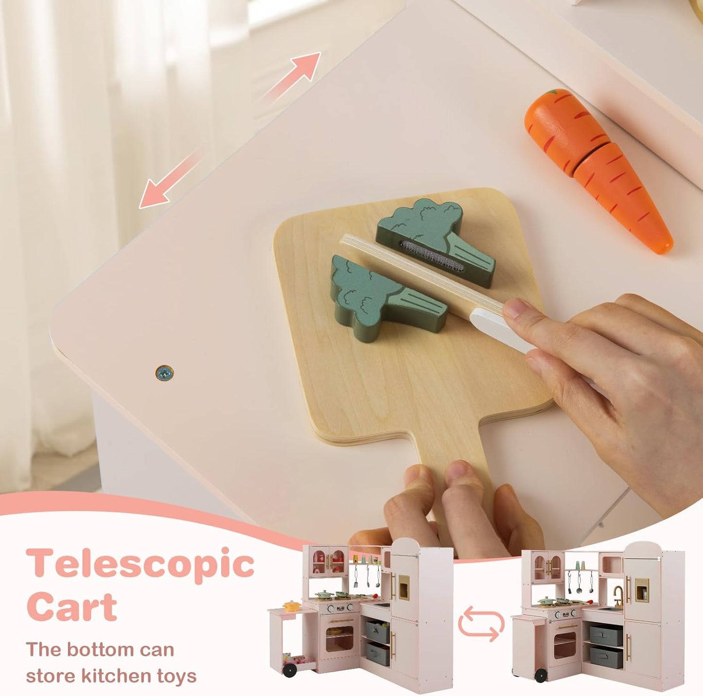 OLAKIDS Corner Kids Kitchen, Wooden Pretend Playset with Telescopic Cart Realistic Lights Sounds Ice Maker Fabric Drawers Microwave Oven, Toddler Cooking Toy Gift for Boys Girls Aged 3+