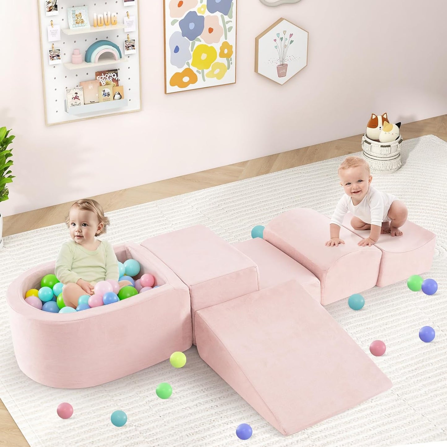 INFANS Climbing Toys for Toddlers, Foam Climbing Blocks and Ball Pit for Baby, 5pc Kids Climb and Crawl Block Activity Structure Play Set, Indoor Foam Play Gym for Crawling and Sliding