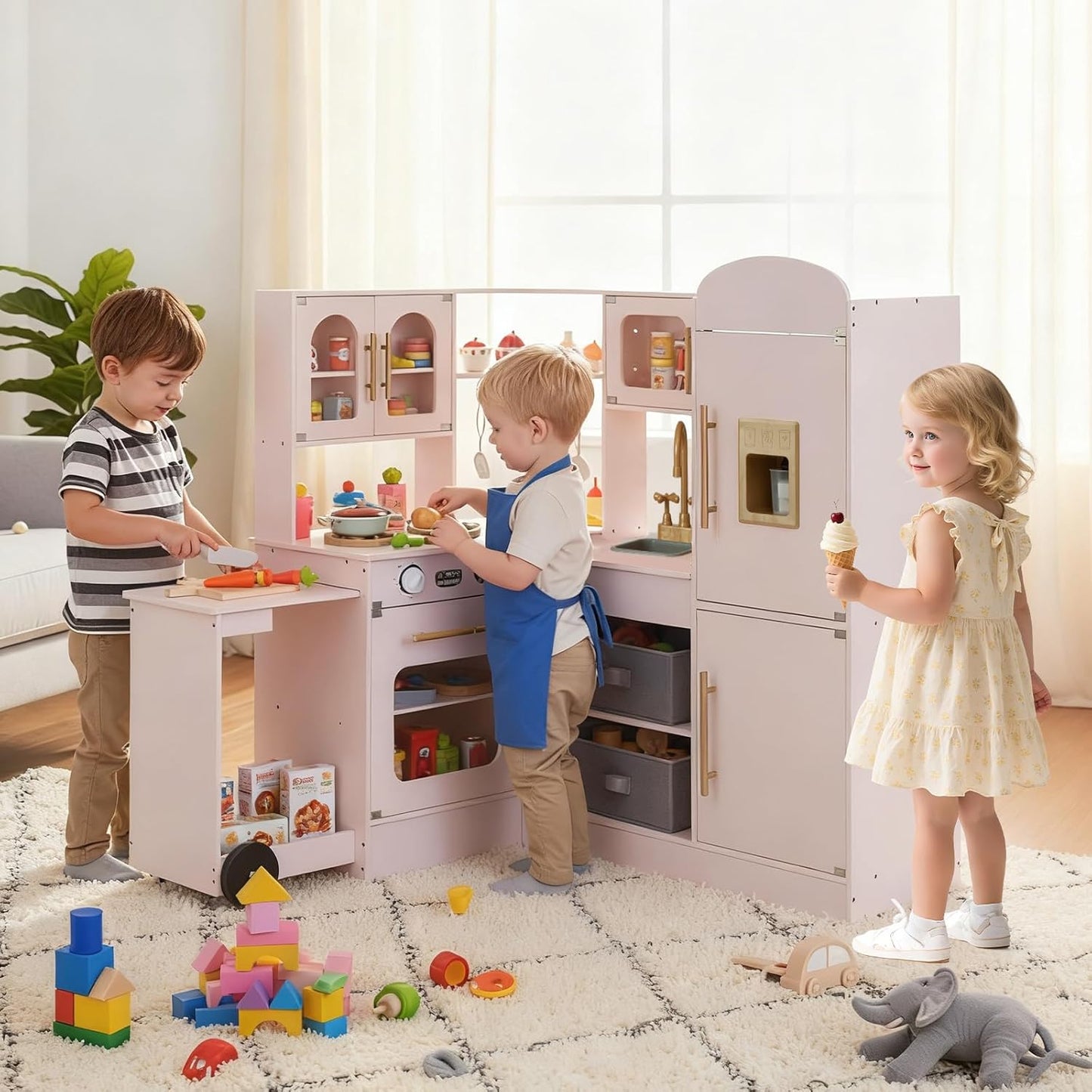 OLAKIDS Corner Kids Kitchen, Wooden Pretend Playset with Telescopic Cart Realistic Lights Sounds Ice Maker Fabric Drawers Microwave Oven, Toddler Cooking Toy Gift for Boys Girls Aged 3+