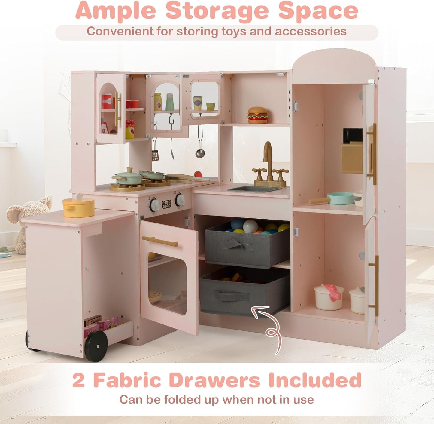 OLAKIDS Corner Kids Kitchen, Wooden Pretend Playset with Telescopic Cart Realistic Lights Sounds Ice Maker Fabric Drawers Microwave Oven, Toddler Cooking Toy Gift for Boys Girls Aged 3+