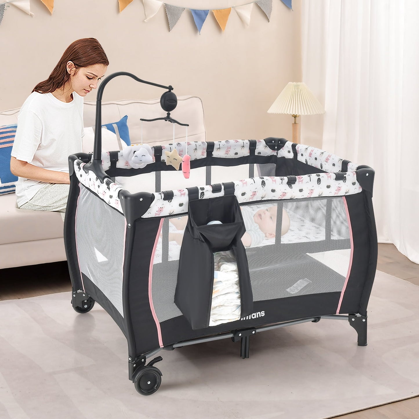 INFANS 3 in 1 Pack and Play, Portable Travel Baby Crib Bassinet with Detachable Mattress, Newborn Changing Table, Foldable Playpen with Carry Bag and 2 Wheels