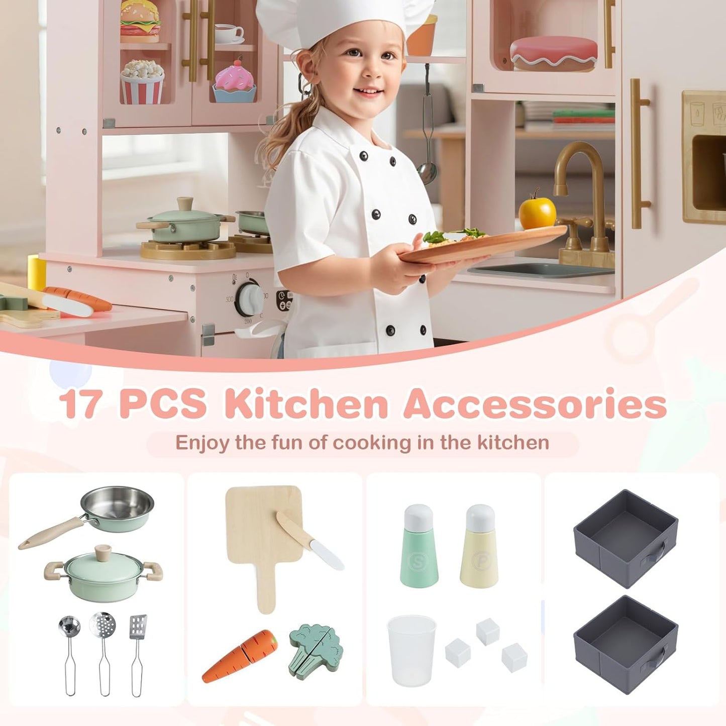 OLAKIDS Corner Kids Kitchen, Wooden Pretend Playset with Telescopic Cart Realistic Lights Sounds Ice Maker Fabric Drawers Microwave Oven, Toddler Cooking Toy Gift for Boys Girls Aged 3+