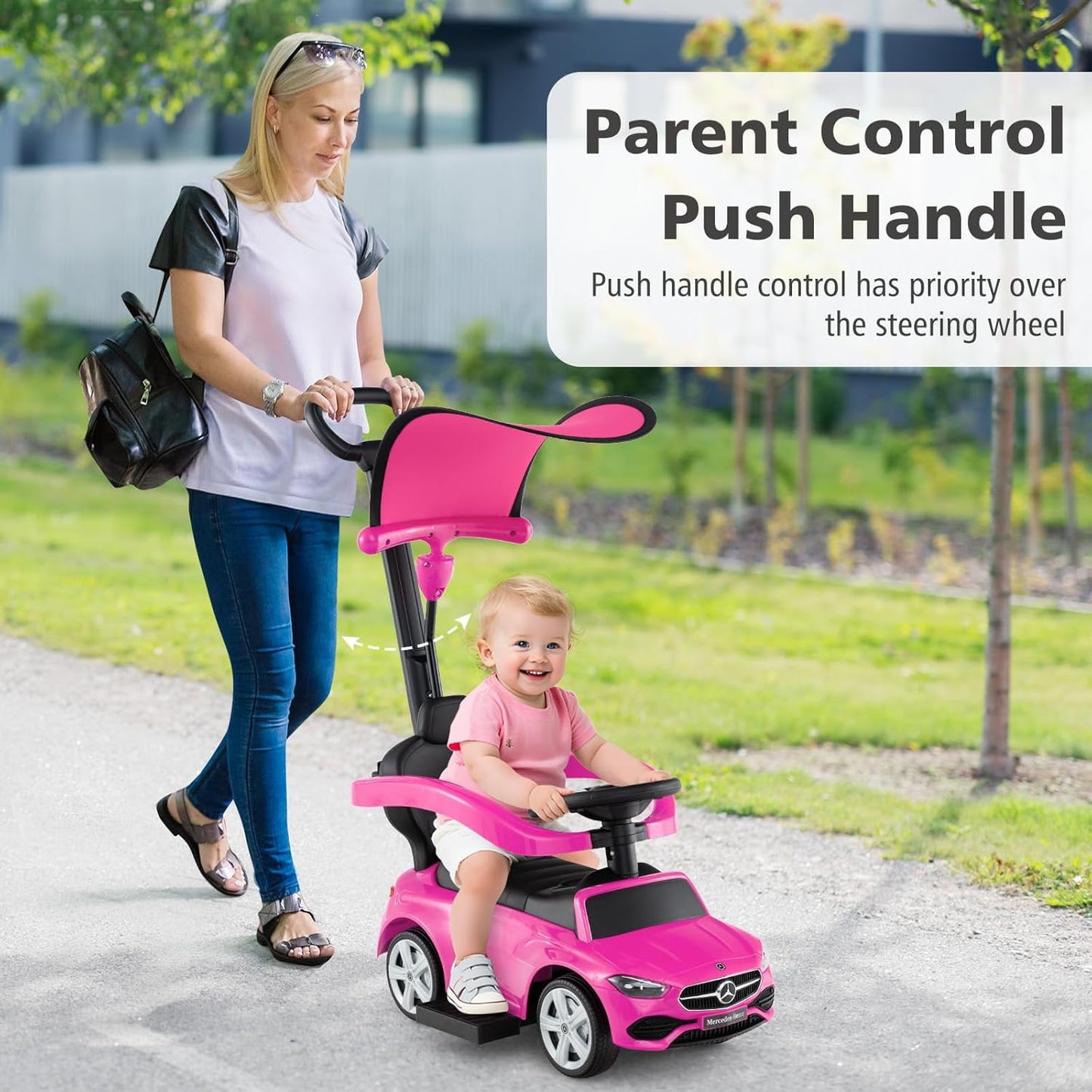 Licensed Mercedes Benz Push Car for Toddlers by OLAKIDS, 3 in 1 Baby Stroller Sliding Walking Car with Canopy, Parent Control Handle, Horn, Storage, Foot-to-Floor Ride on Toys for Boys Girls