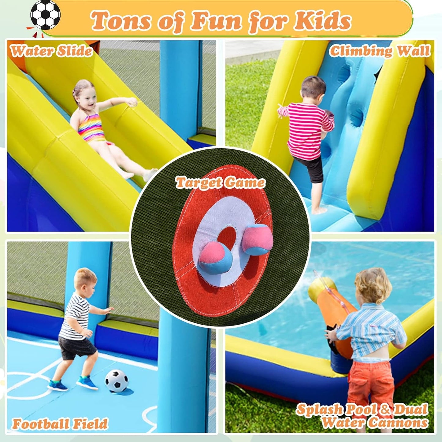 OLAKIDS Inflatable Water Slide, 8 in 1 Bounce House Water Park with Soccer Goals Splash Pool Climbing Wall Water Guns Target Game, Outdoor Inflatable Obstacle Course Backyard (without Blower)