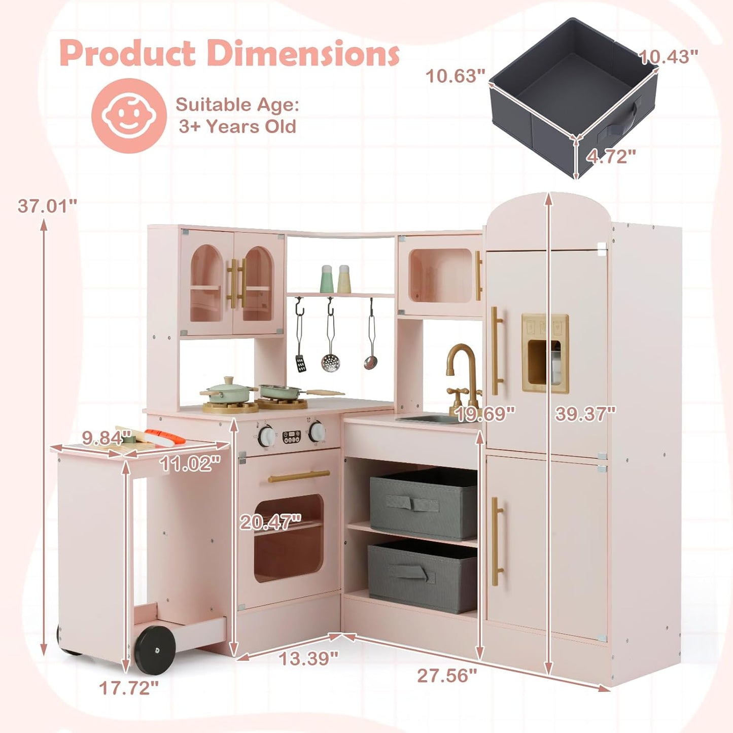 OLAKIDS Corner Kids Kitchen, Wooden Pretend Playset with Telescopic Cart Realistic Lights Sounds Ice Maker Fabric Drawers Microwave Oven, Toddler Cooking Toy Gift for Boys Girls Aged 3+