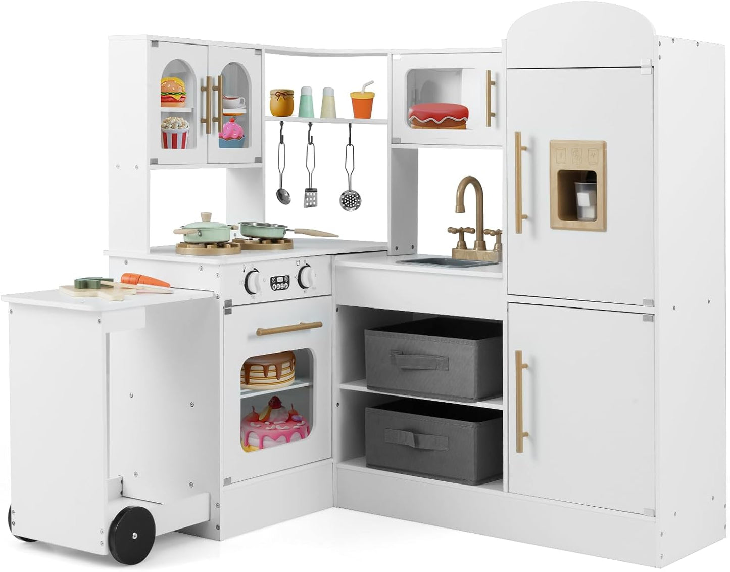 OLAKIDS Corner Kids Kitchen, Wooden Pretend Playset with Telescopic Cart Realistic Lights Sounds Ice Maker Fabric Drawers Microwave Oven, Toddler Cooking Toy Gift for Boys Girls Aged 3+