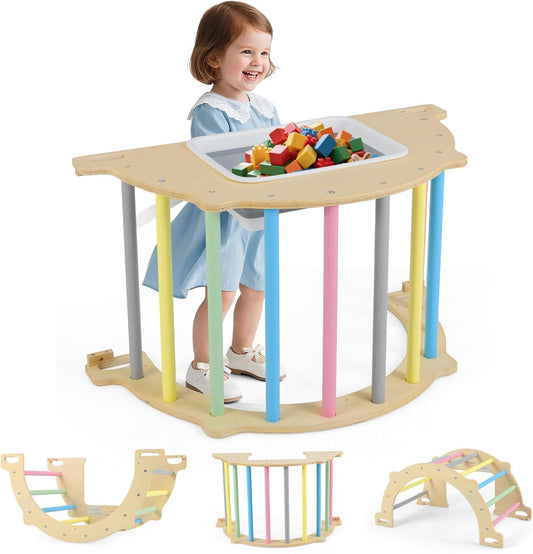 OLAKIDS Climbing Arch for Toddlers, 5 in 1 Wooden Indoor Kids Climber Rocker Montessori Sensory Table with Foldable Storage Bin, Baby Pikler Toy Set Gym Learning Crawling Gift for Children