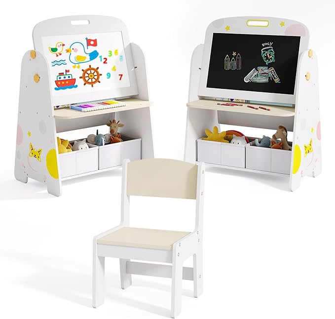 OLAKIDS Easel for Kids with Chair, 4 in 1 Double-Sided Adjustable Magnetic Chalkboard & Whiteboard with Bookshelves, Storage Bins, Wooden Standing Painting Drawing Art Board for Boys Girls