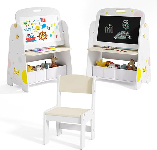 OLAKIDS Easel for Kids with Chair, 4 in 1 Double-Sided Adjustable Magnetic Chalkboard & Whiteboard with Bookshelves, Storage Bins, Wooden Standing Painting Drawing Art Board for Boys Girls