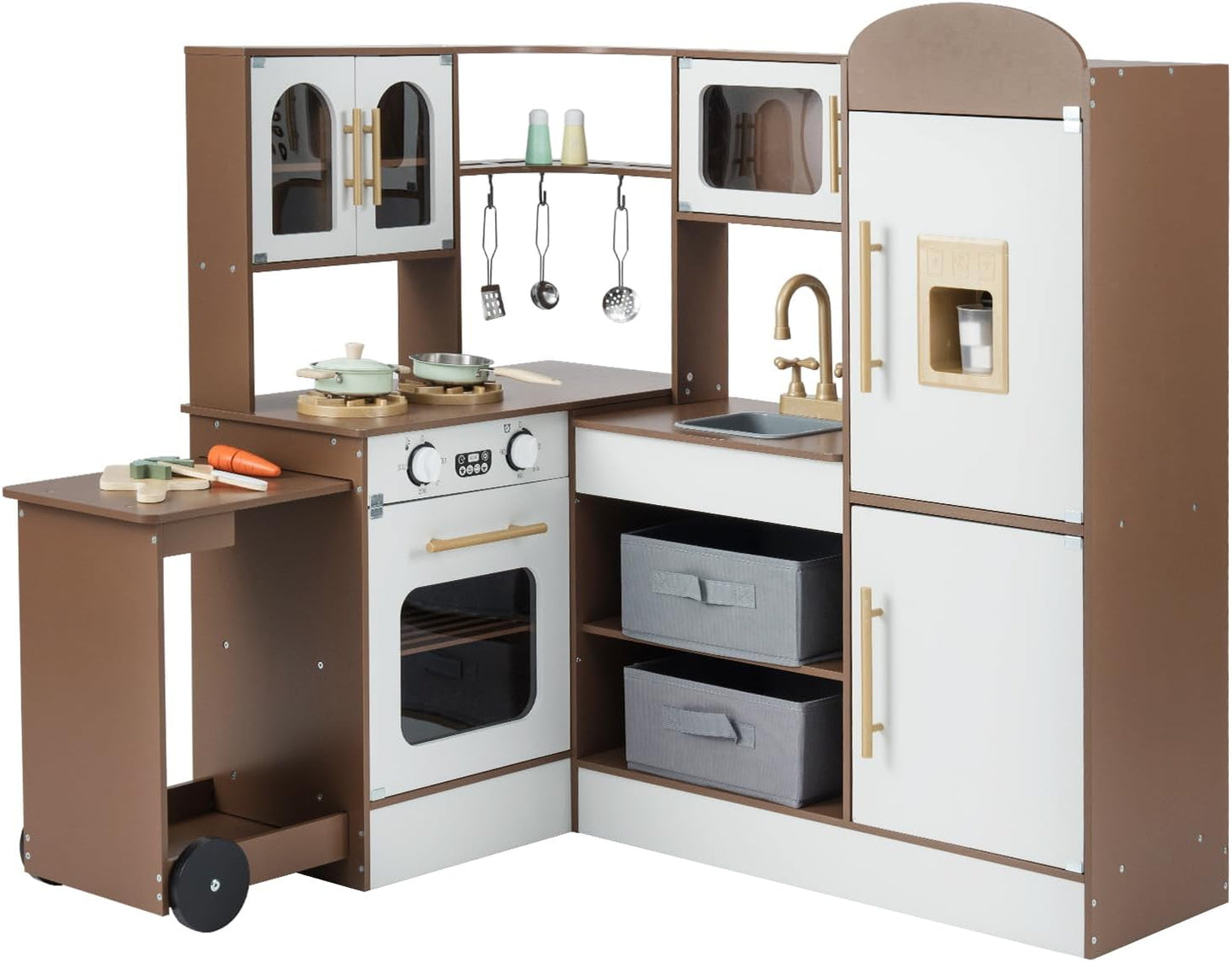 OLAKIDS Corner Kids Kitchen, Wooden Pretend Playset with Telescopic Cart Realistic Lights Sounds Ice Maker Fabric Drawers Microwave Oven, Toddler Cooking Toy Gift for Boys Girls Aged 3+