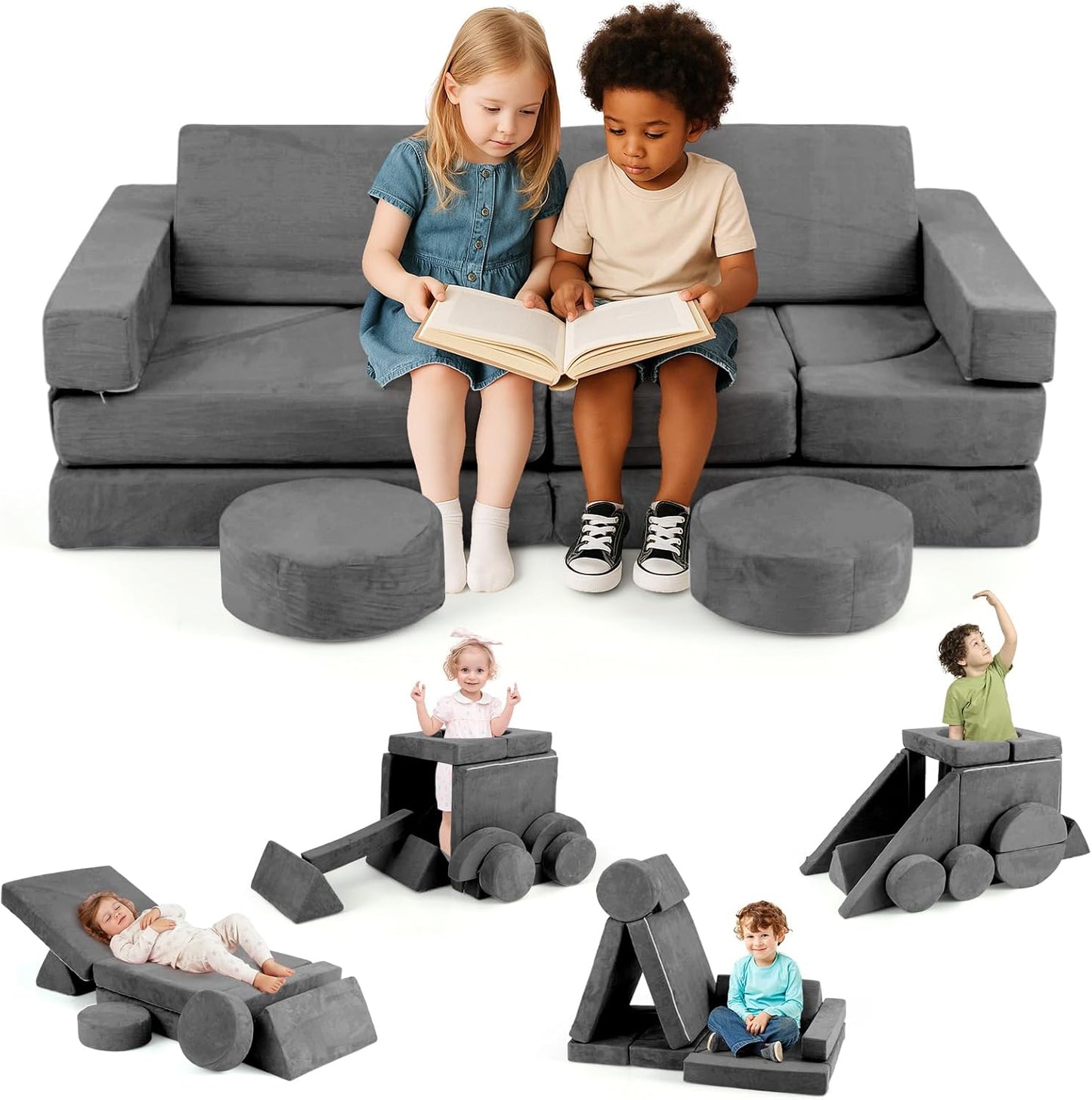 OLAKIDS Modular Kids Play Couch, 13 PCS Toddler Creative Sectional Fort Building Sofa, Convertible Soft Foam Furniture Set