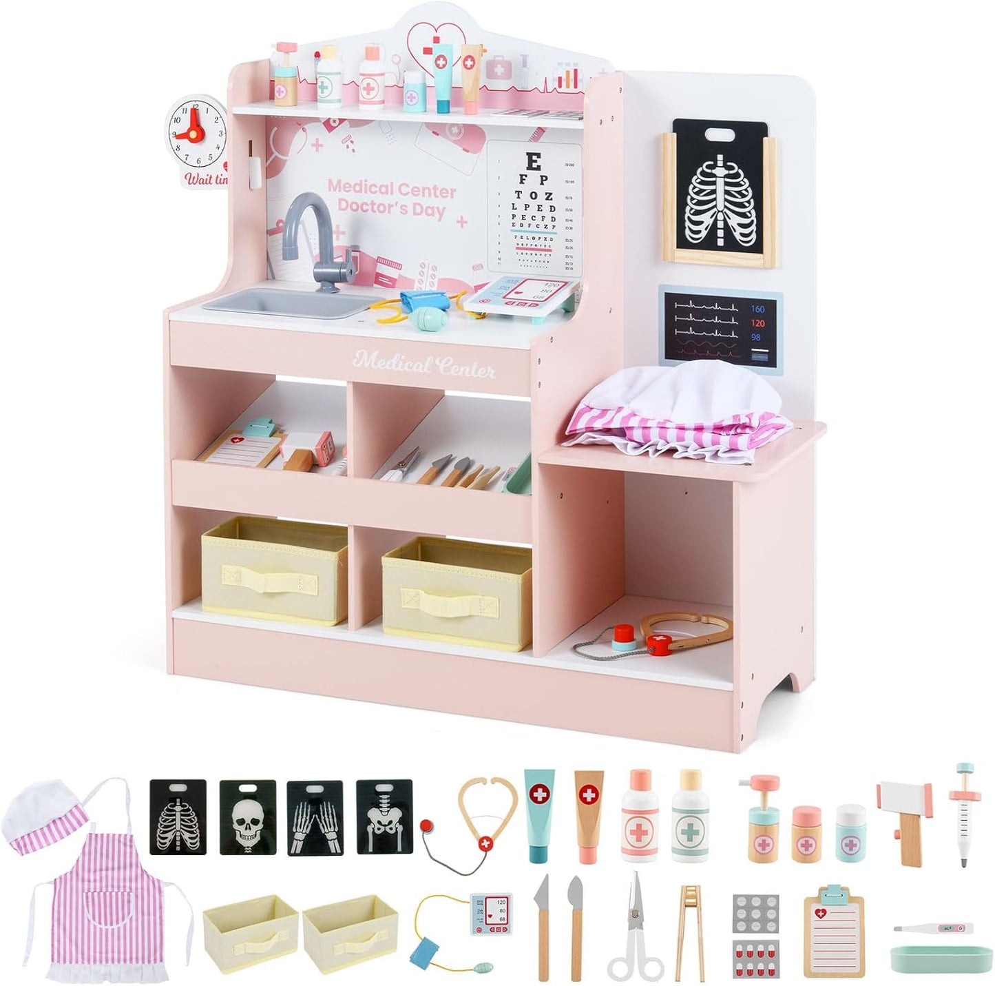 OLAKIDS Kids Doctor Playset, Wooden Pretend Medical Station Activity Center Toy Set with 26 Interactive Veterinarian Accessories, Nurse Uniform X-Ray Film Stethoscope ECG Monitor for Toddler