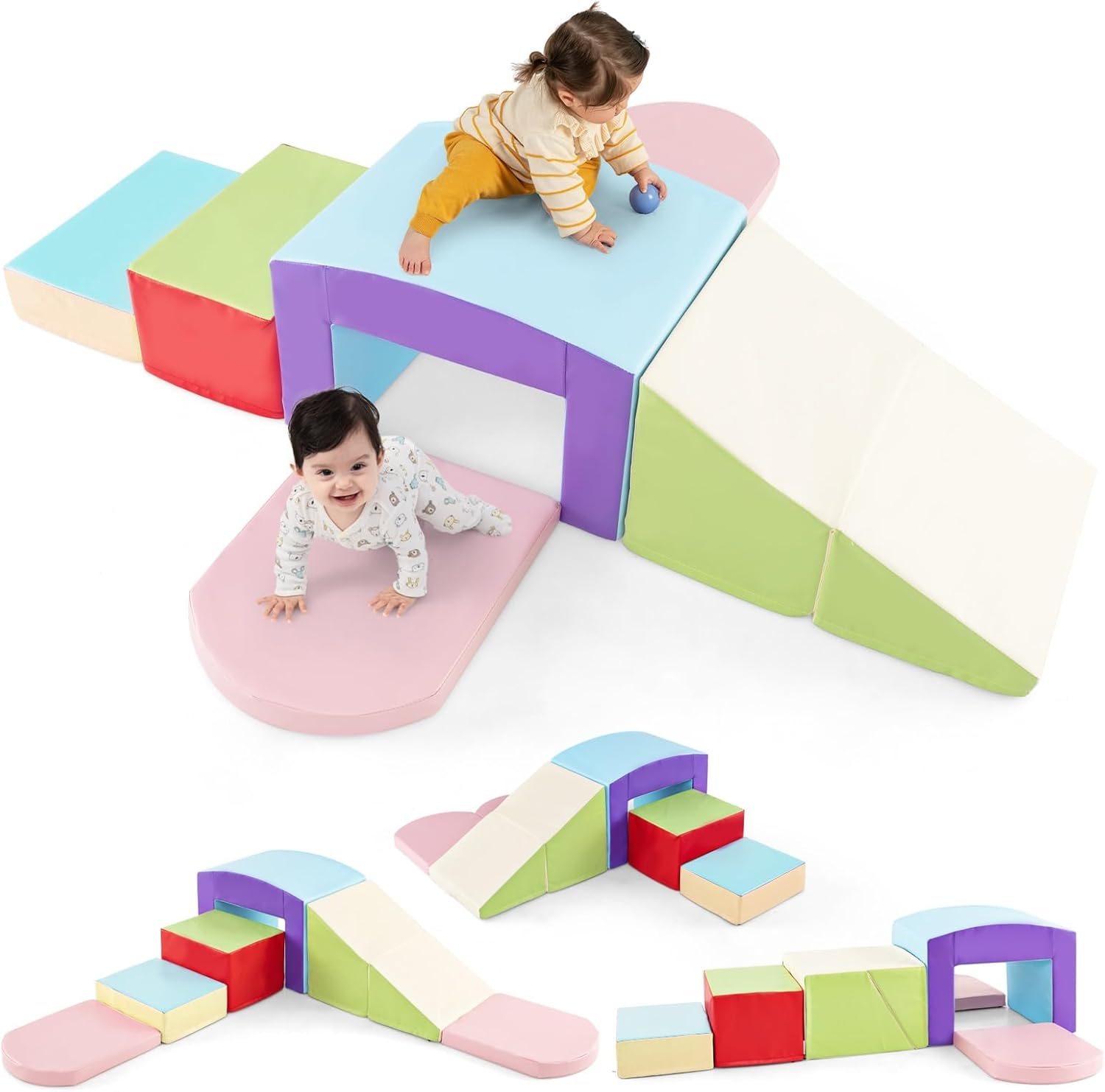 Olakids Climbing Toys for Toddlers, 7 Pieces Indoor Baby Foam Blocks Soft Play Set with PU Leather