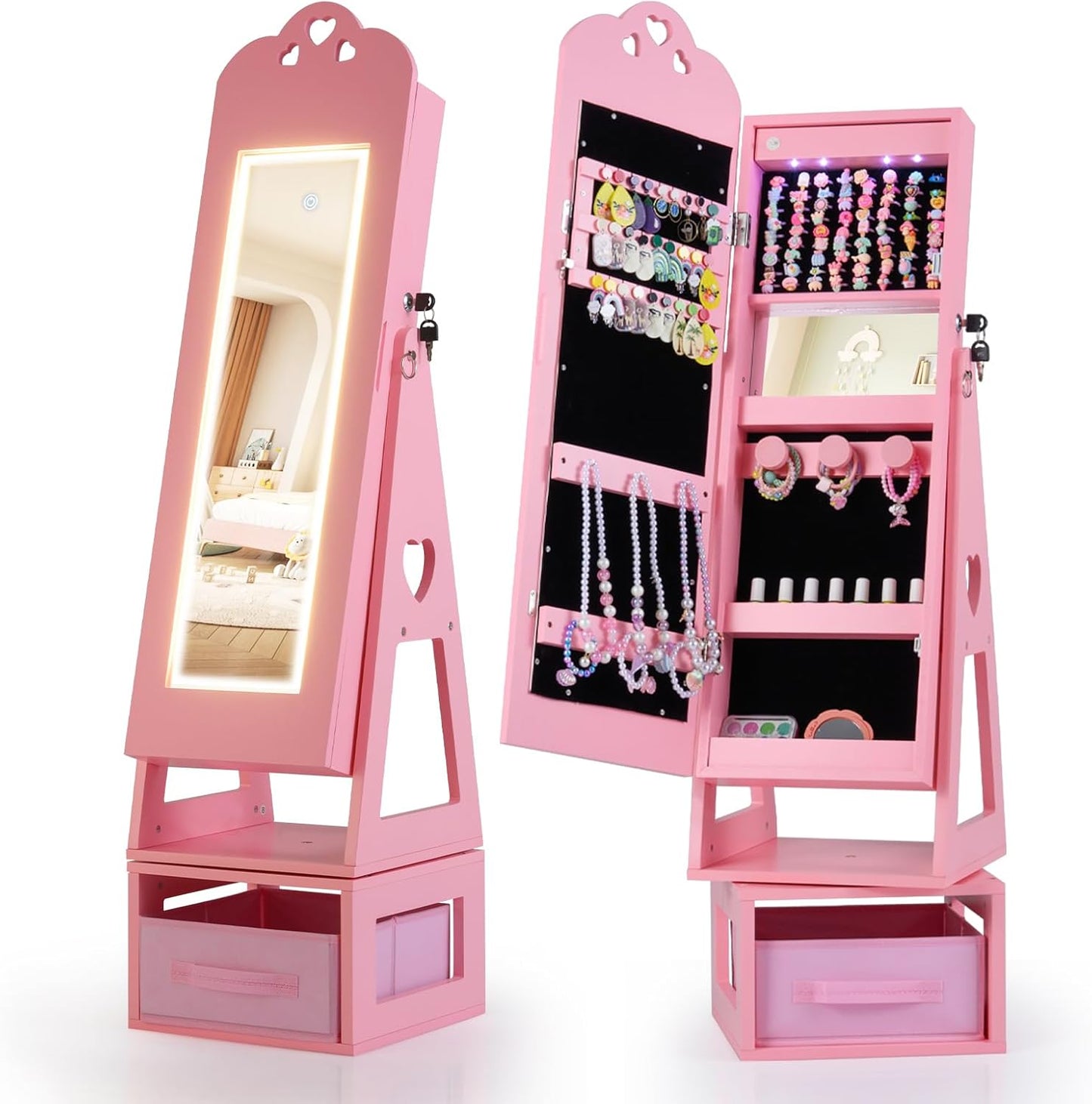 OLAKIDS Kids Jewelry Armoire Cabinet, 360° Swivel Lockable Standing Makeup Organizer with Interior Lights, Rotatable Full-Length LED Vanity Mirror with Foldable Fabric Drawer for Girls
