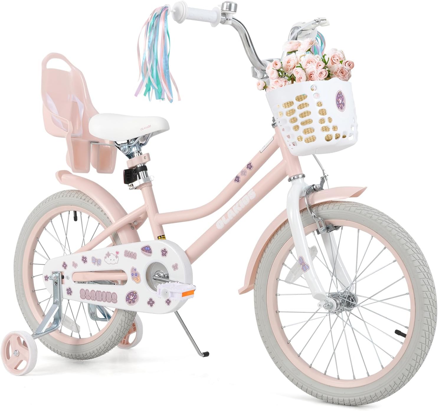 Olakids Girls Bike 12-20 Inch with Doll Seat Training Wheels Basket Dual Brakes