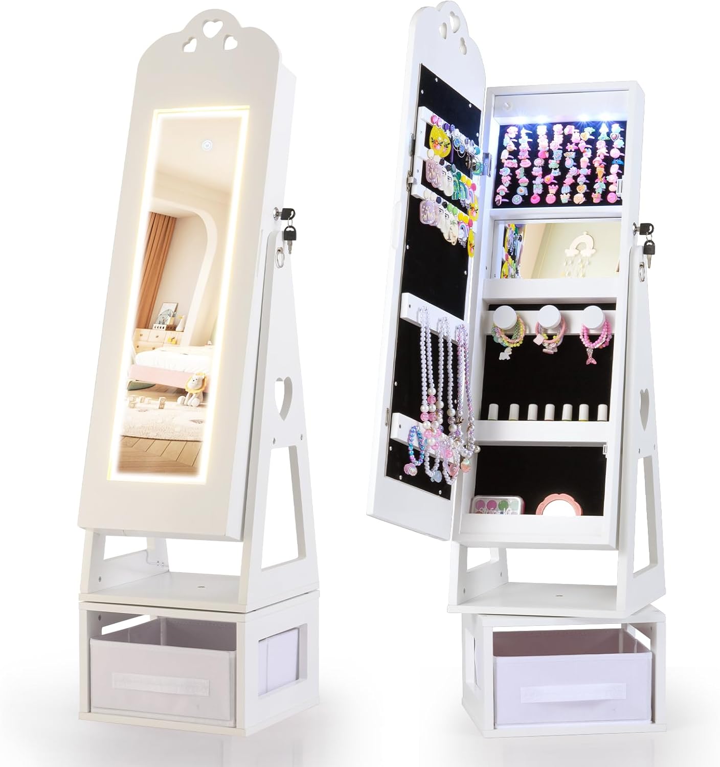 OLAKIDS Kids Jewelry Armoire Cabinet, 360° Swivel Lockable Standing Makeup Organizer with Interior Lights, Rotatable Full-Length LED Vanity Mirror with Foldable Fabric Drawer for Girls