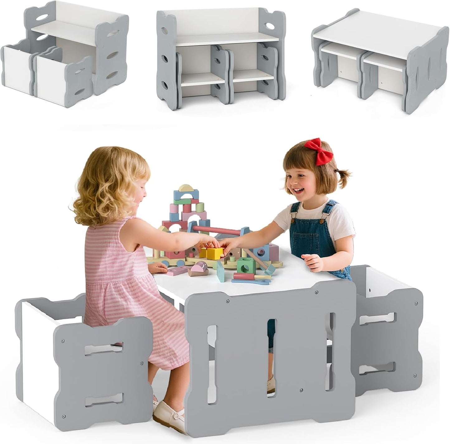 OLAKIDS Kids Table and Chair Set, Toddler 3-Piece Activity Table with 2 Chairs for Building Block Drawing Reading Eating Art Crafts, Children Montessori Furniture for Playroom Kindergarten