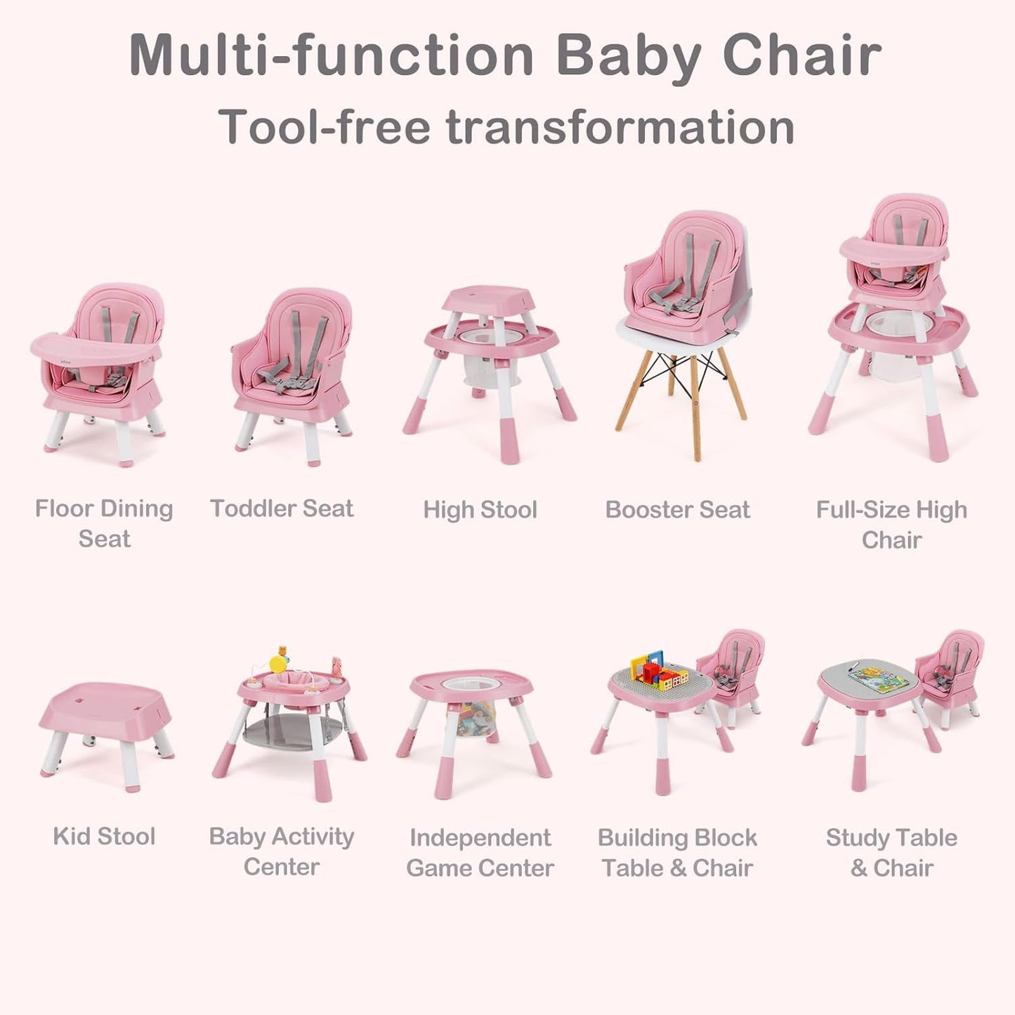 INFANS 9 in 1 High Chair, Convertible Baby Highchair for Babies and Toddlers, Table and Chair Set Building Block Infant Dining Booster Seat, Kids Stool with Activity Children Play Kitchen