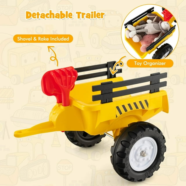 OLAKIDS Kids Ride on Excavator, Pedal Car Bulldozer with Manual Control Bucket, Detachable Cargo Trailer, Shovel, Rake, Wheels, Horn, Construction