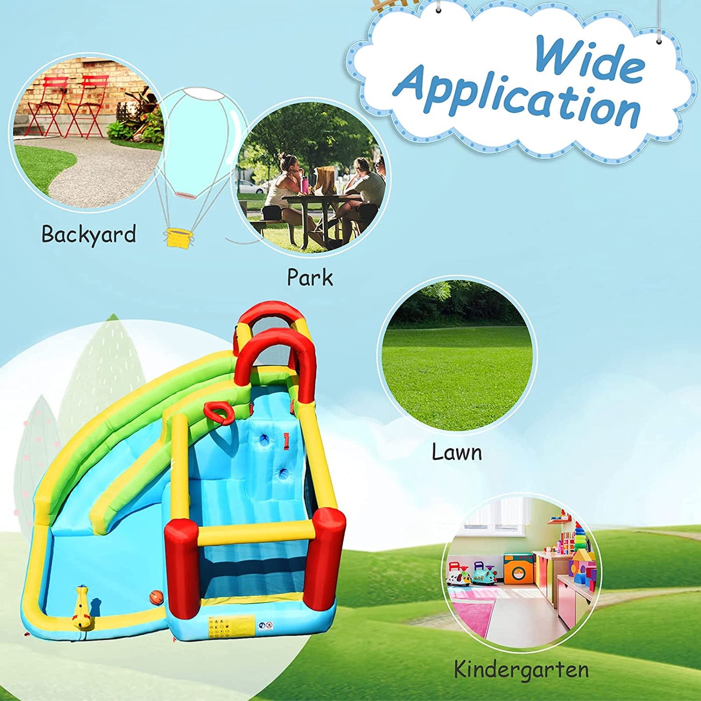 OLAKIDS Inflatable Water Slide, 6 in 1 Bounce House with Slide, Climbing Wall, Splash Pool, Basketball Rim, Water Gun, Outdoor Water Park Jumping Castle with Carrying Bag, Hose