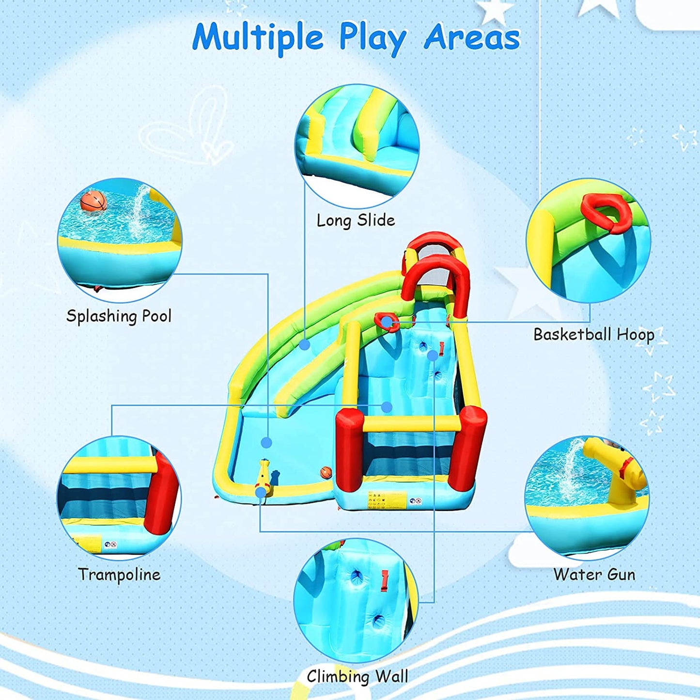OLAKIDS Inflatable Water Slide, 6 in 1 Bounce House with Slide, Climbing Wall, Splash Pool, Basketball Rim, Water Gun, Outdoor Water Park Jumping Castle with Carrying Bag, Hose