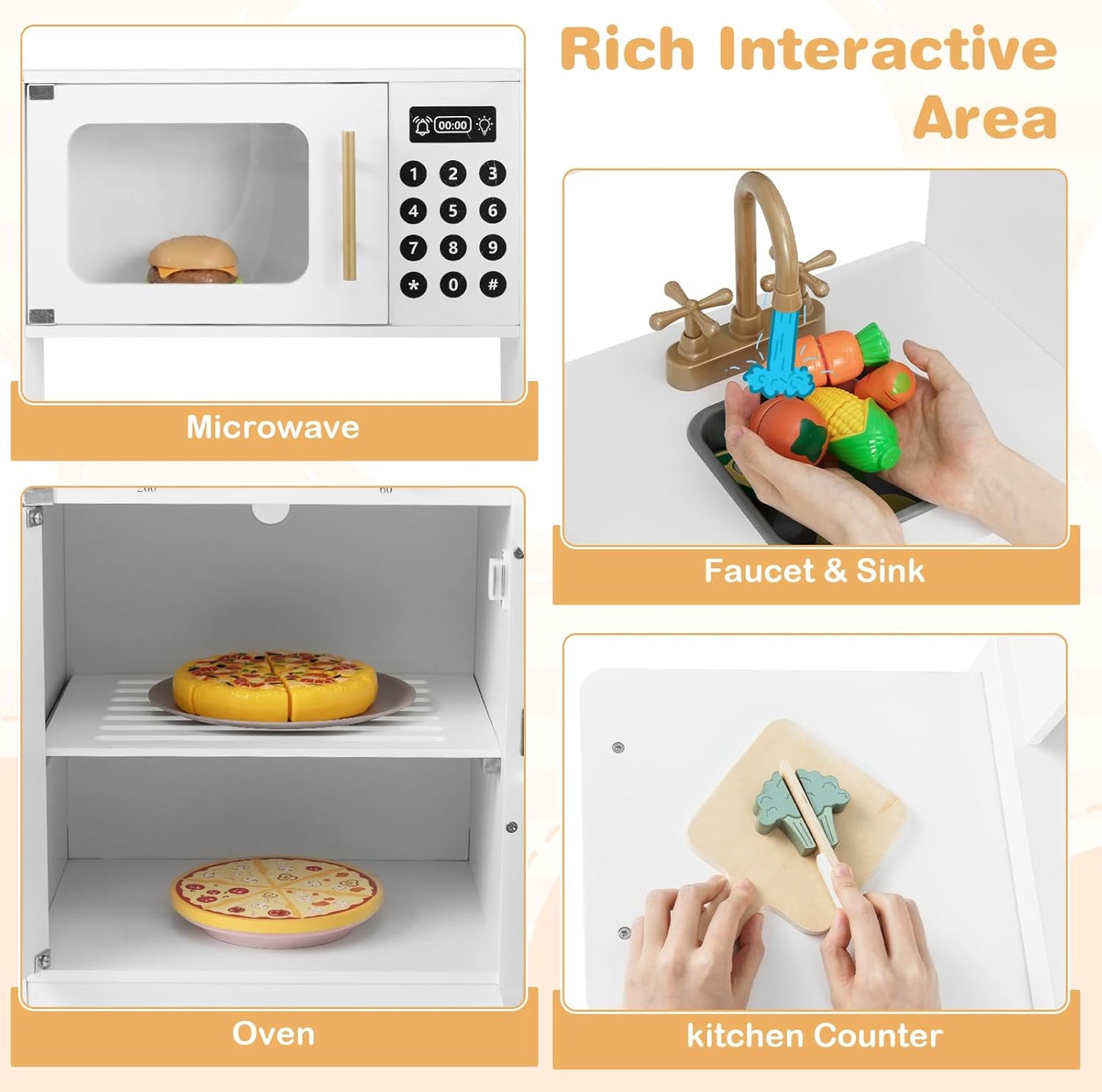 OLAKIDS Corner Kids Kitchen, Wooden Pretend Playset with Telescopic Cart Realistic Lights Sounds Ice Maker Fabric Drawers Microwave Oven, Toddler Cooking Toy Gift for Boys Girls Aged 3+