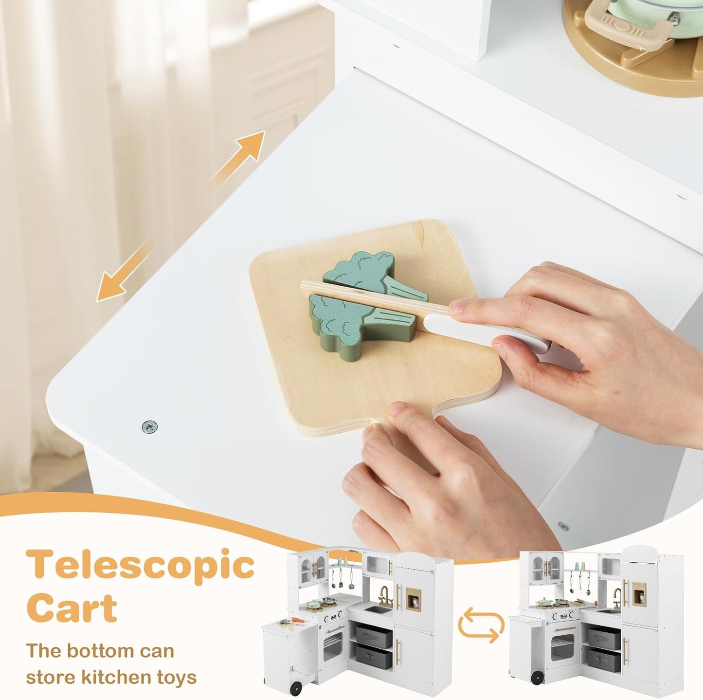 OLAKIDS Corner Kids Kitchen, Wooden Pretend Playset with Telescopic Cart Realistic Lights Sounds Ice Maker Fabric Drawers Microwave Oven, Toddler Cooking Toy Gift for Boys Girls Aged 3+