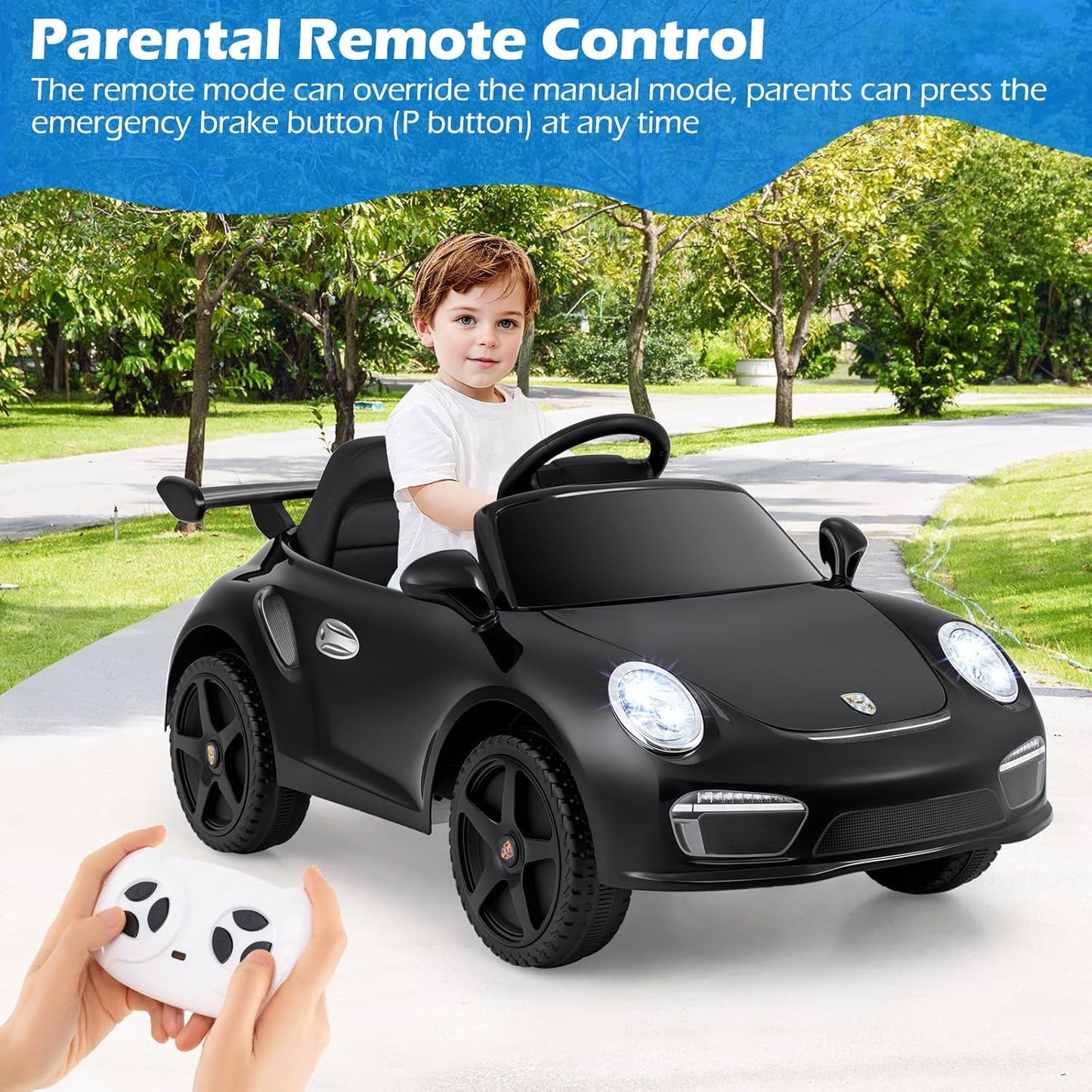 Licensed Porsche 12V Pink Ride on Car by OLAKIDS, Electric Vehicle Battery Powered with Remote Control, Headlight, Bluetooth, Power Display, 4 Wheeler Toys for Kids Girls Boys