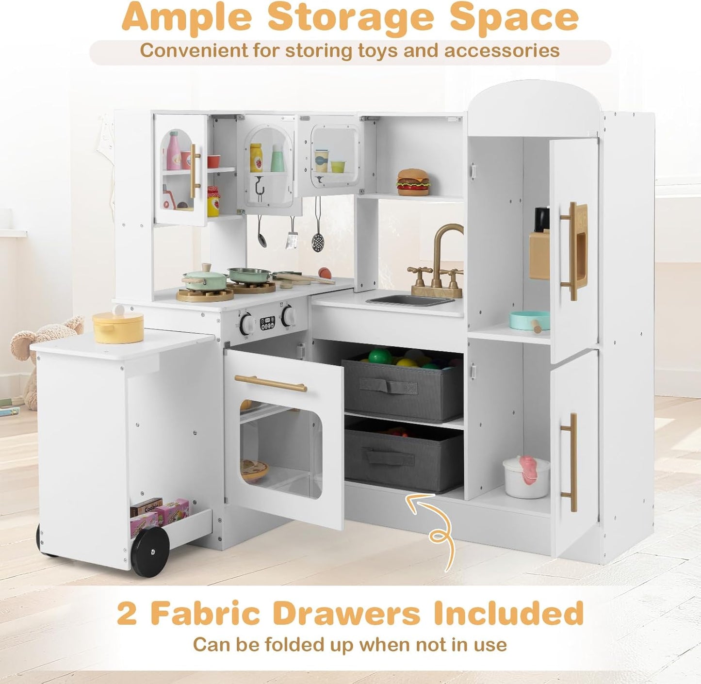 OLAKIDS Corner Kids Kitchen, Wooden Pretend Playset with Telescopic Cart Realistic Lights Sounds Ice Maker Fabric Drawers Microwave Oven, Toddler Cooking Toy Gift for Boys Girls Aged 3+