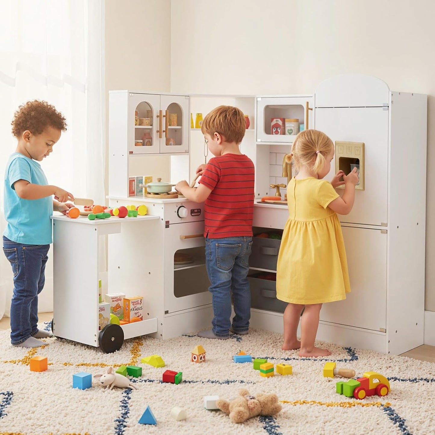 OLAKIDS Corner Kids Kitchen, Wooden Pretend Playset with Telescopic Cart Realistic Lights Sounds Ice Maker Fabric Drawers Microwave Oven, Toddler Cooking Toy Gift for Boys Girls Aged 3+